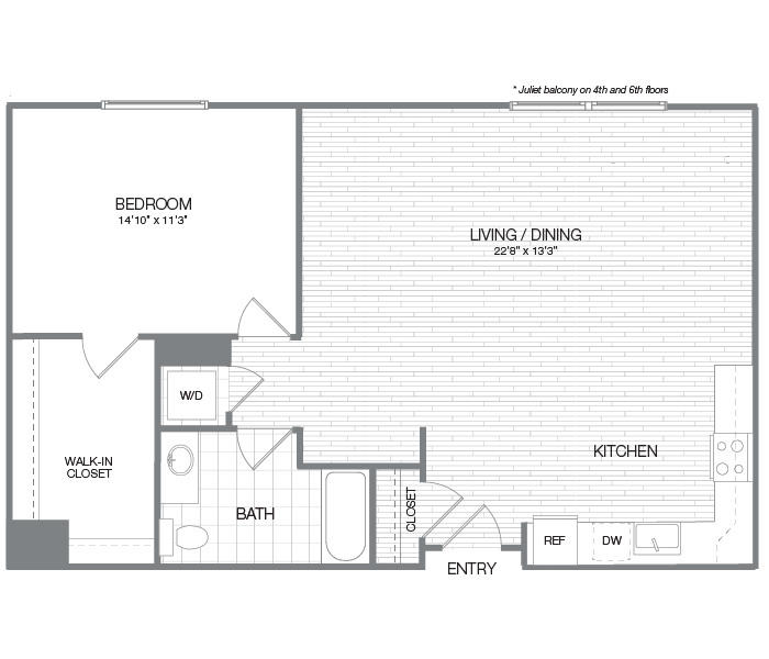 Jefferson - 1 Bedroom 1 Bath Floor Plan Layout - 891 Square Feet