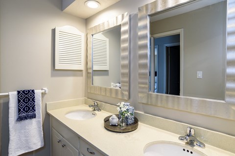 a bathroom with two sinks and a large mirror