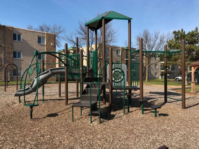 a playground with a slide and climbing equipment in a park