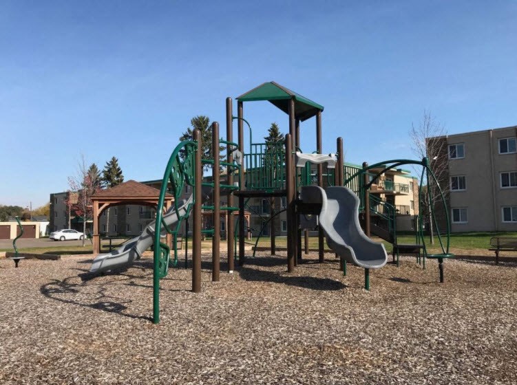 a playground with two slides and a pavilion