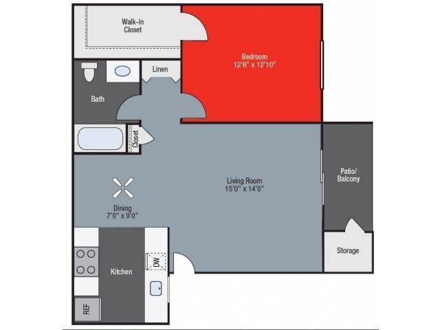 Poppy Floorplan Poppy One Bed One Bath Floorplan at Barham Villas Apartments, San Marcos, CA, 92078