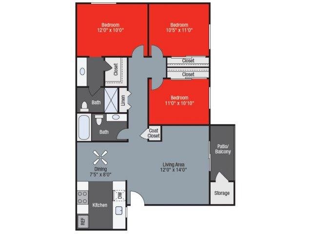 Sycamore Floorplan Sycamore three bed two bath Floorplan at Barham Villas Apartments, San Marcos, California