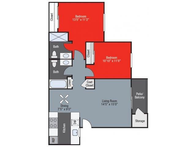 Woodland Floorplan Woodland two bed two bath Floorplan at Barham Villas Apartments, San Marcos