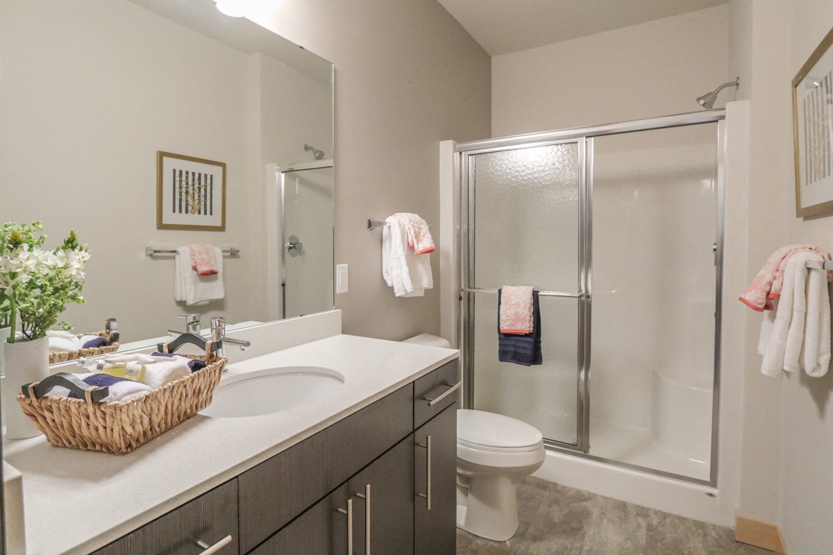 a bathroom with a sink and a shower and a toilet