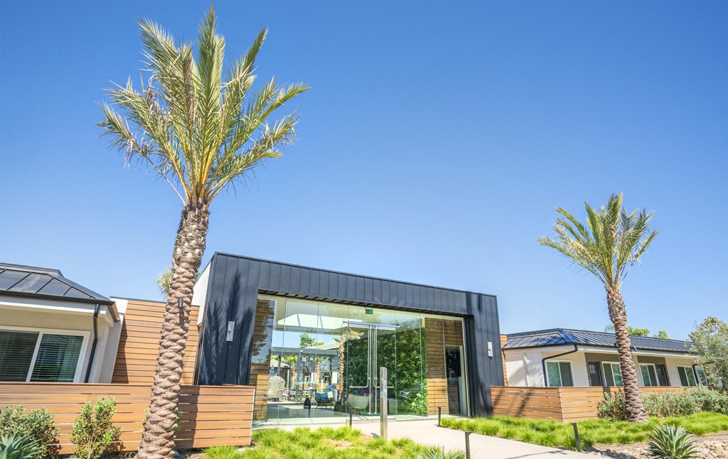 a house with palm trees in front of it