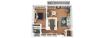 A top down view of a large apartment with a kitchen, living room, and bathroom.