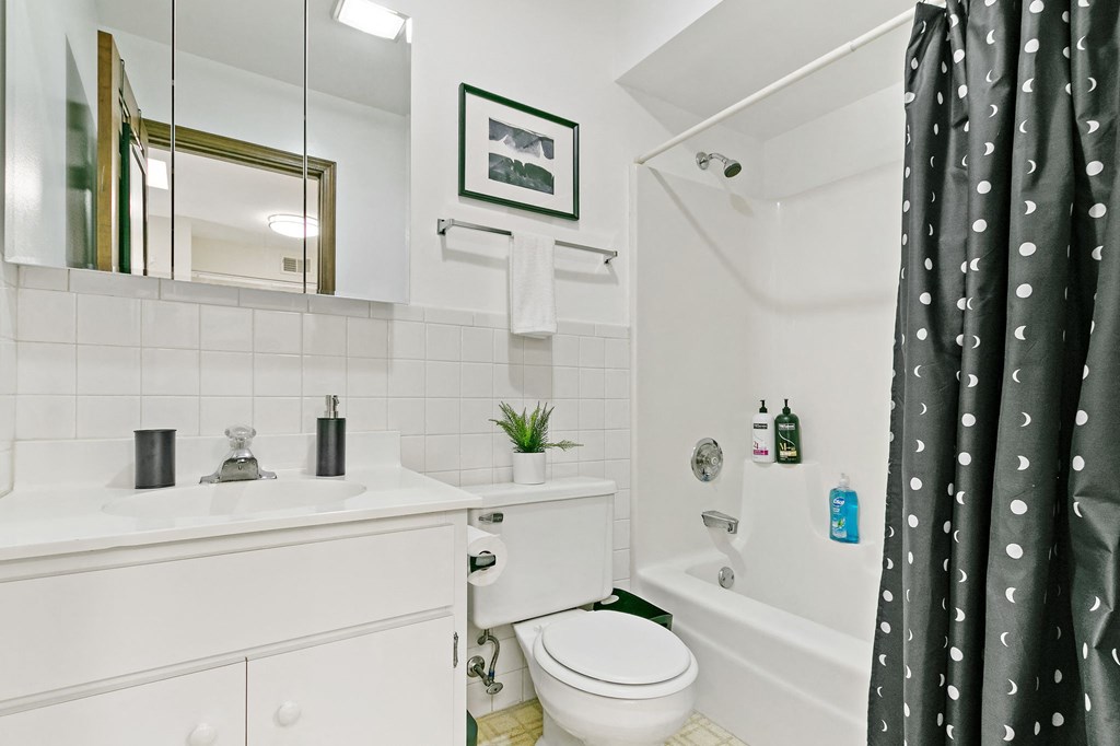 a bathroom with a shower curtain and a toilet and a sink