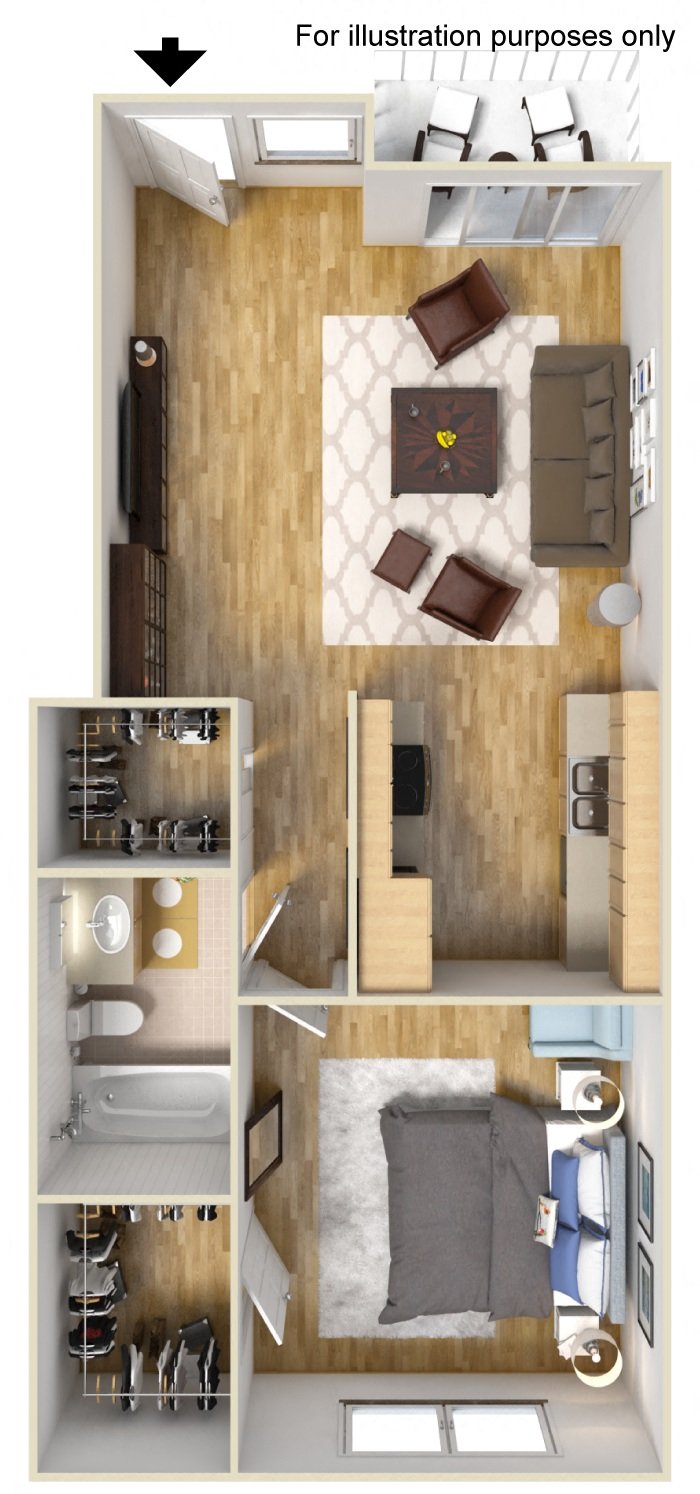 The Village at South Coast 1 Bedroom 1 Bathroom Apartment Floor Plan
