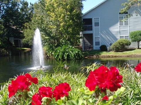 a fountain in the pond with red flowers in front of a building