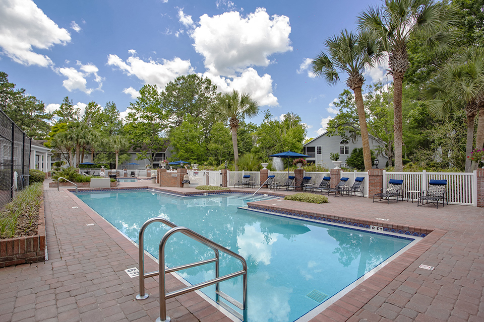 a swimming pool with palm trees and chairs around it