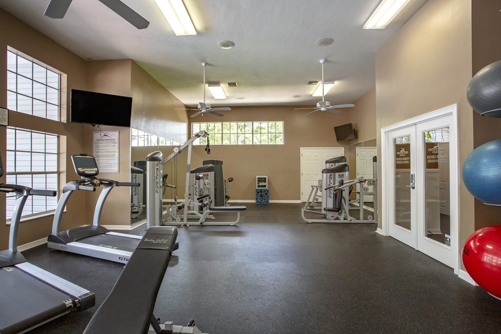 a gym with treadmills and other exercise equipment and a window
