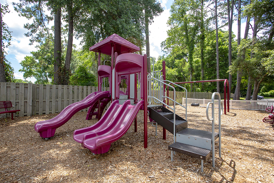 a playground with a pink playset and slides