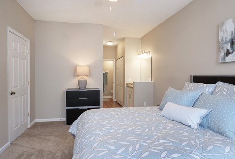 a bedroom with a bed and a dresser and a closet