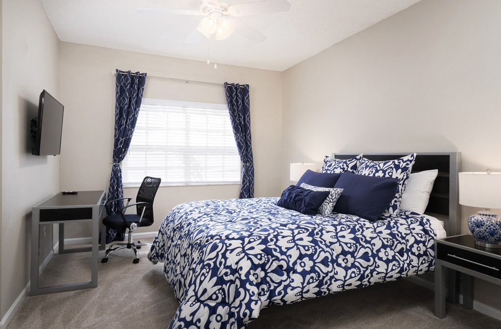 a bedroom with a bed and a desk and a tv