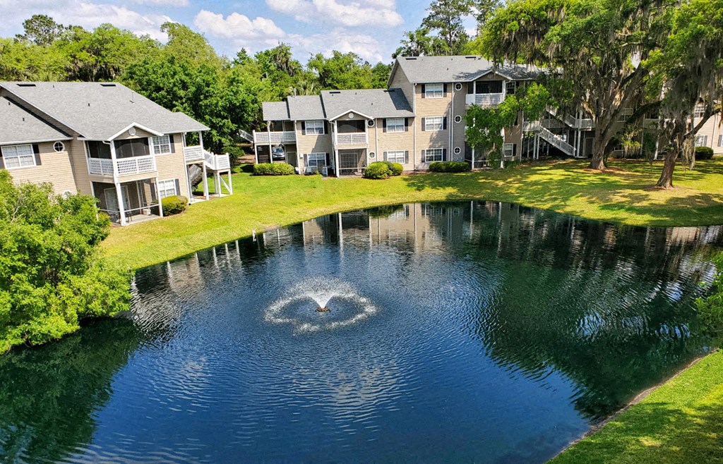 an aerial view of a pond with houses in the background