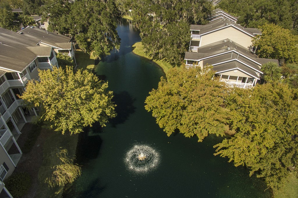 an aerial view of a body of water surrounded by buildings and trees