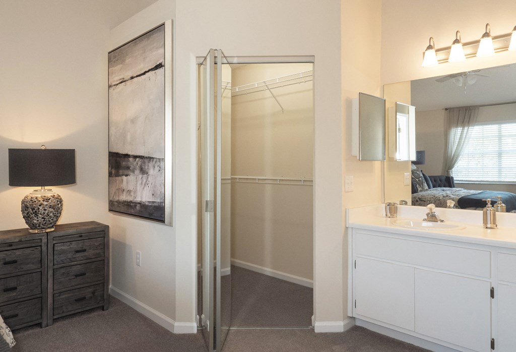 a bathroom with a shower and a sink and a mirror