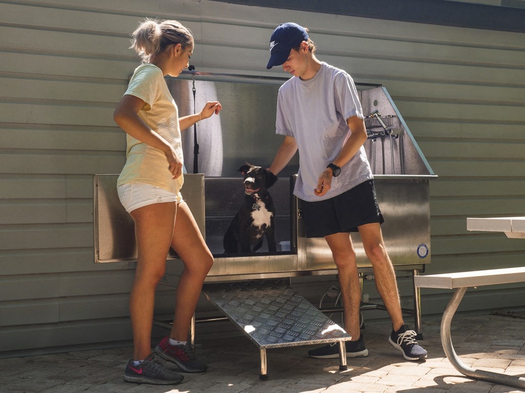 a man and a woman standing with a dog in a grill