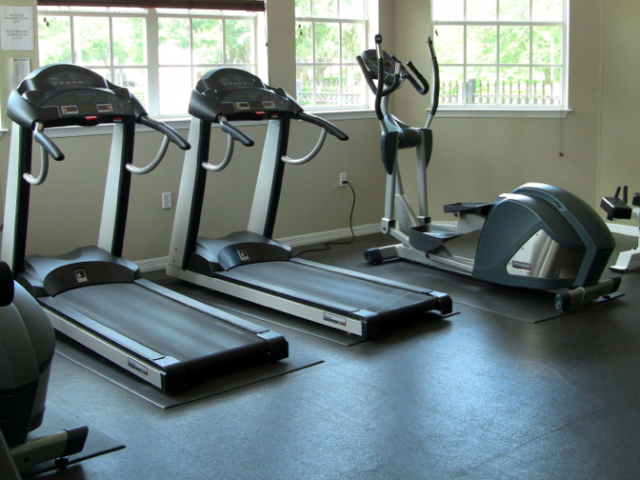 two treadmills and ellipticals in a gym