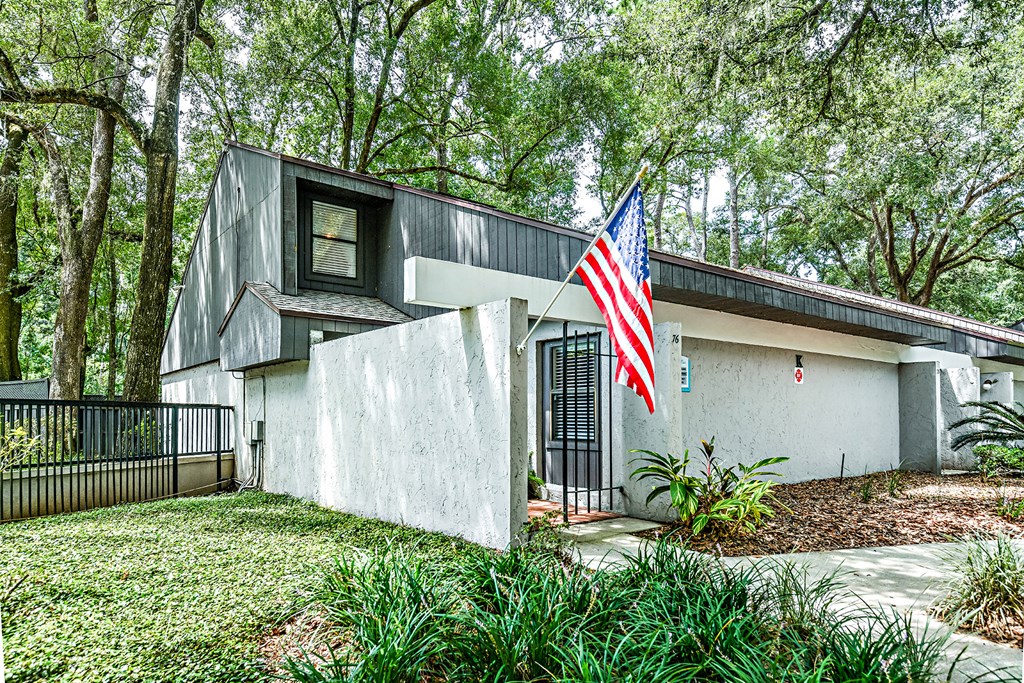 a house with an flag in front of it