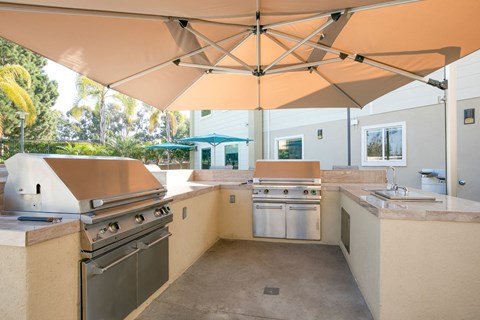 a kitchen with stainless steel appliances under an umbrella