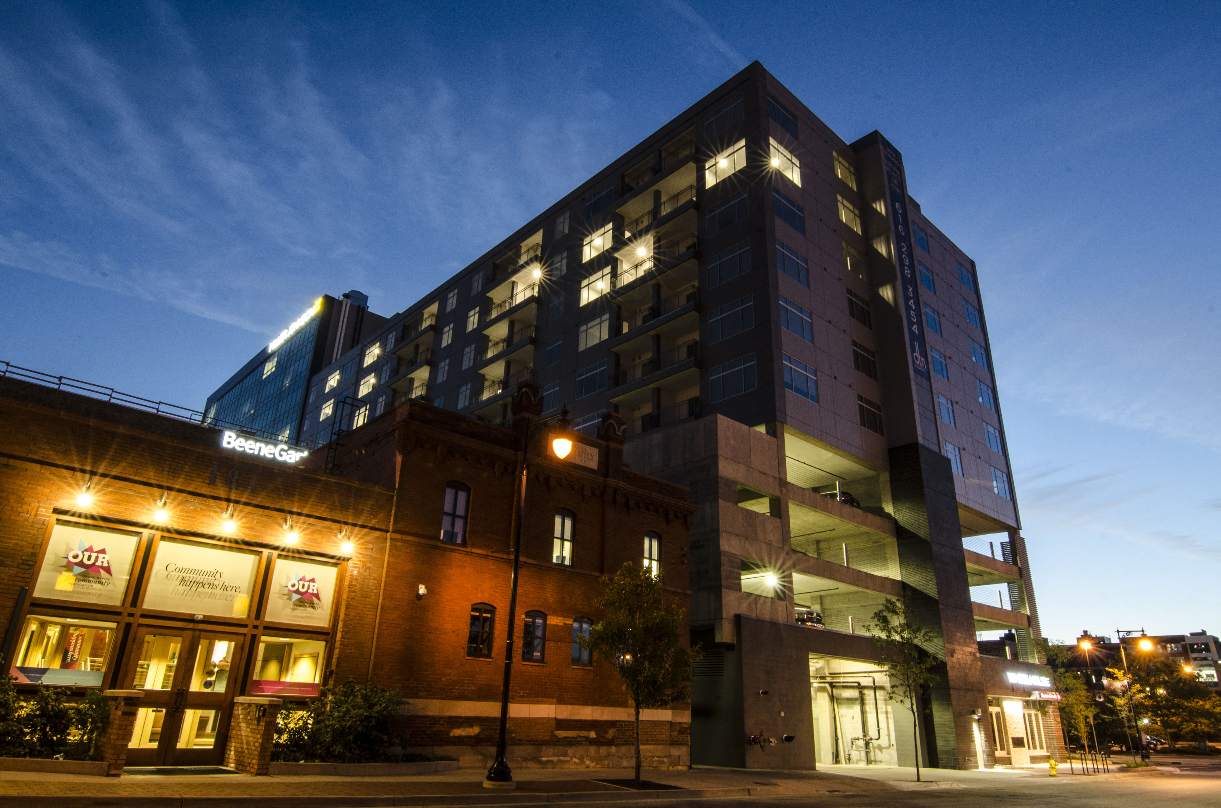 Nighttime Exterior of Arena Place Apartments
