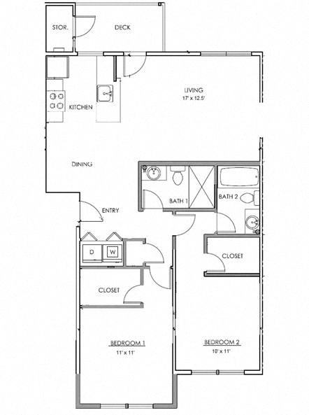 Regent 2x2 Floor Plan with 907 square feet at Commons at Timber Creek Apartments, Portland, OR, 97229