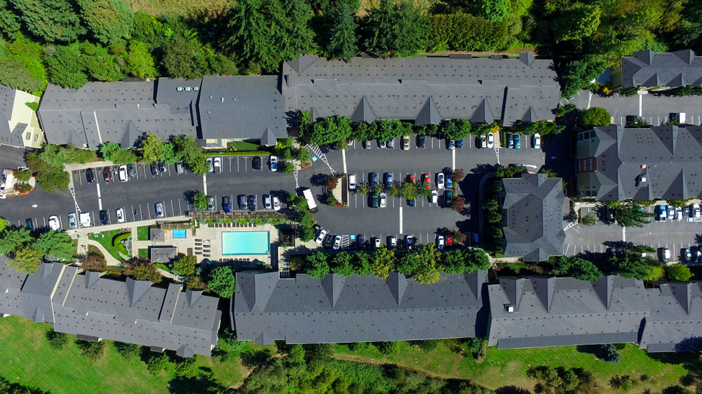 Aerial view of neighborhood at Commons at Sylvan Highlands Apartments, Portland, OR