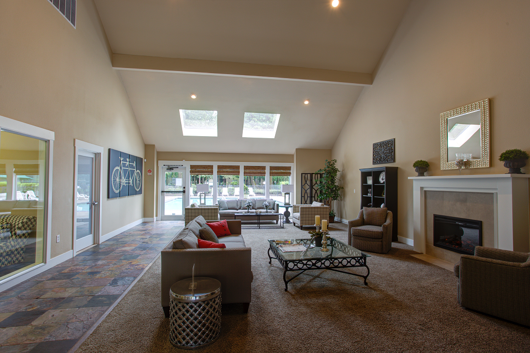 a large living room with a fireplace and a couch