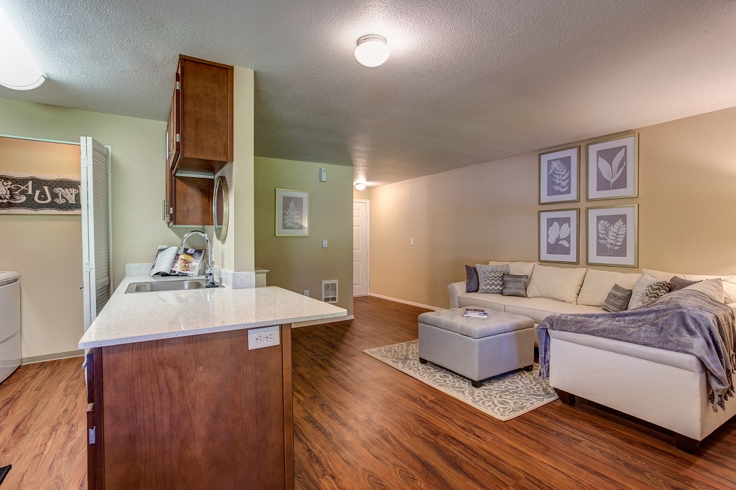 a living room with a couch and a kitchen
