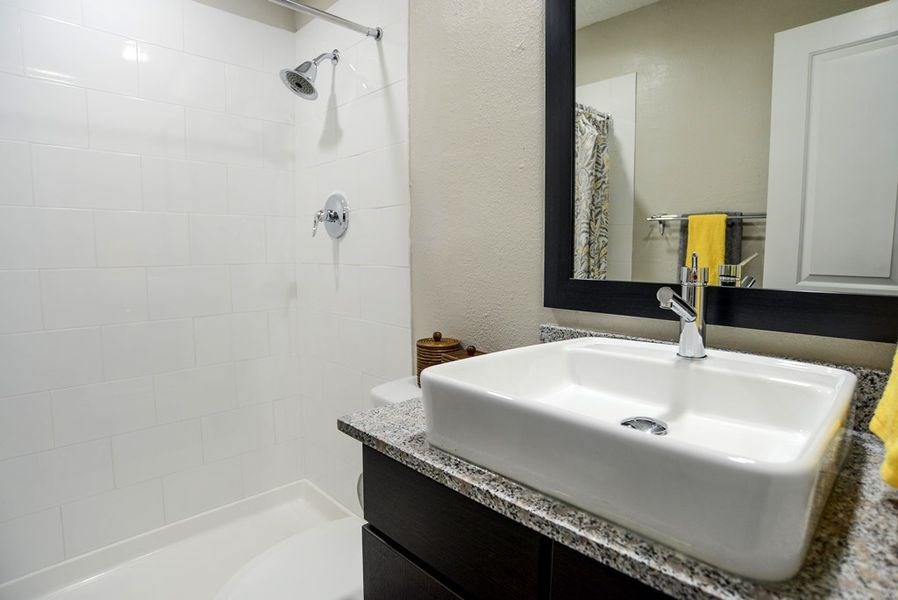 a bathroom with a sink and a shower and a mirror