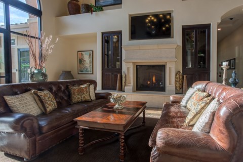 a living room with leather furniture and a fireplace