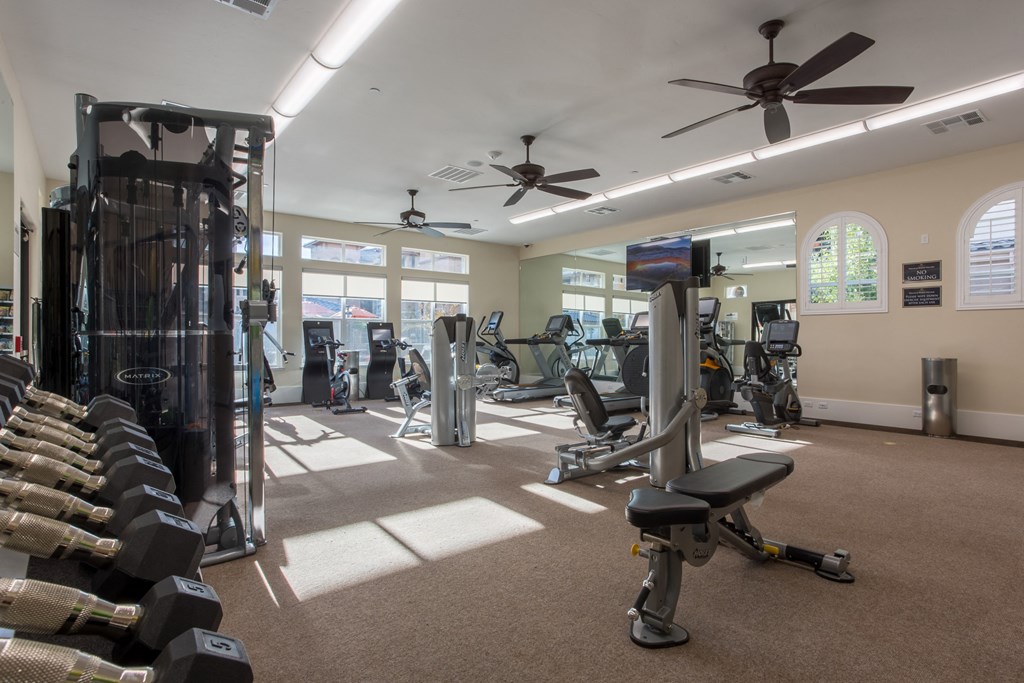 a gym with weights and cardio machines and ceiling fans