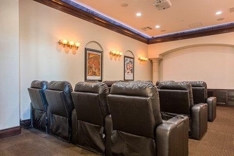 a theater room with brown leather chairs