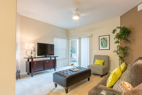a living room with a couch and a chair and a television