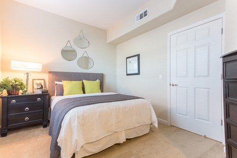 a bedroom with a bed and a closet