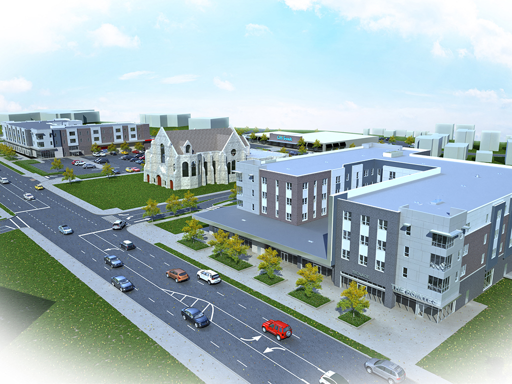 a rendering of a city street with buildings and a church