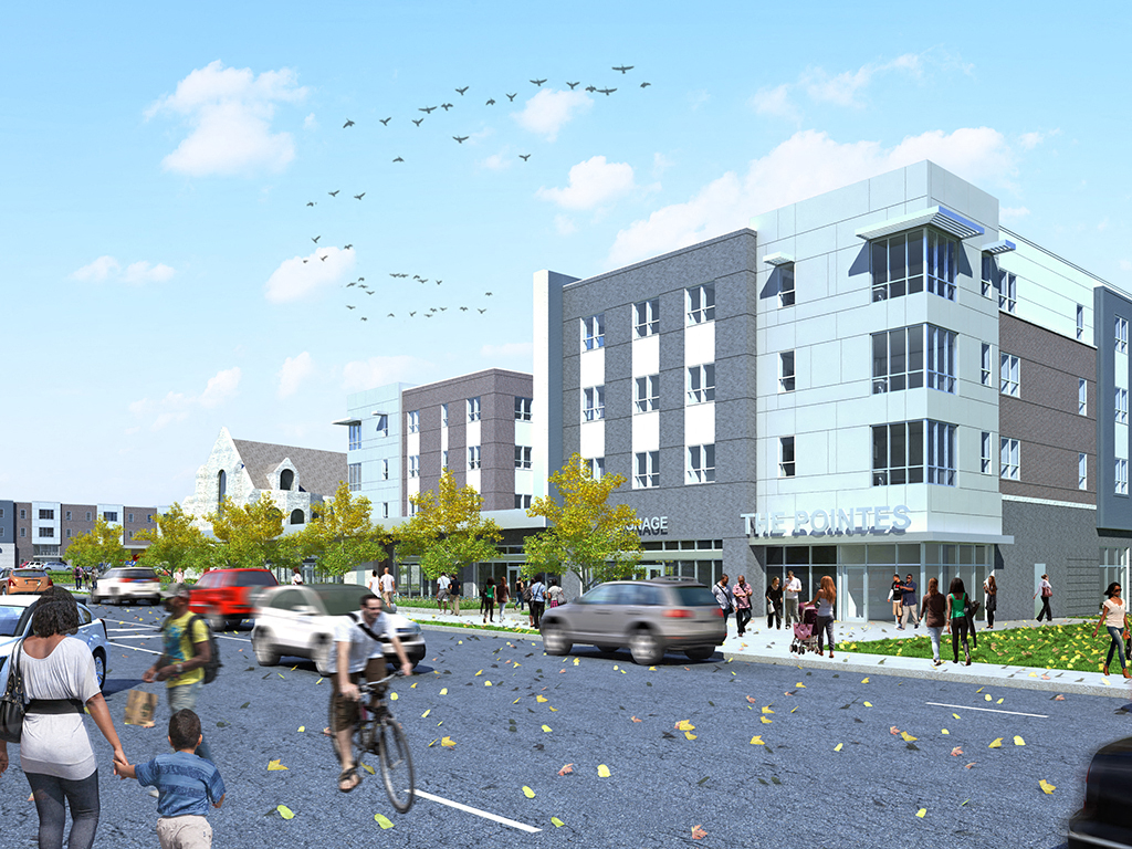 a rendering of a city street with cars and people and buildings