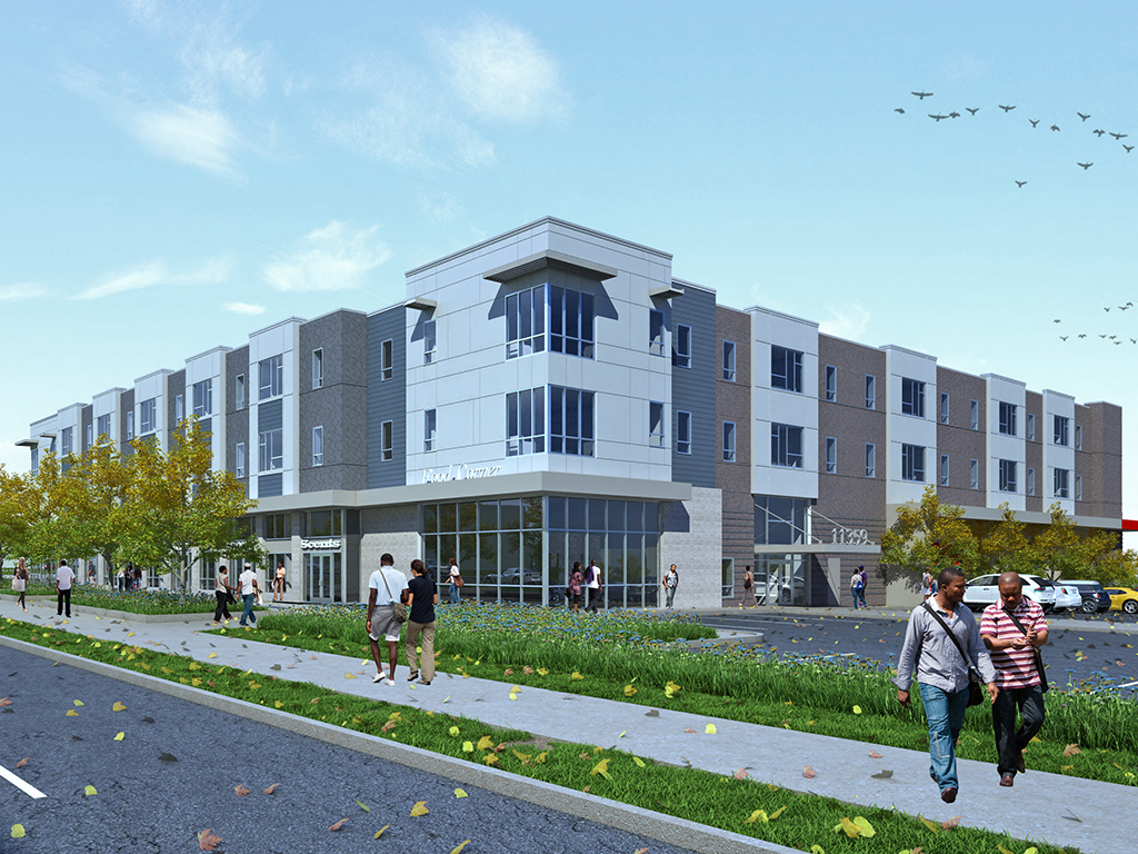 a rendering of a building with people walking in front of it