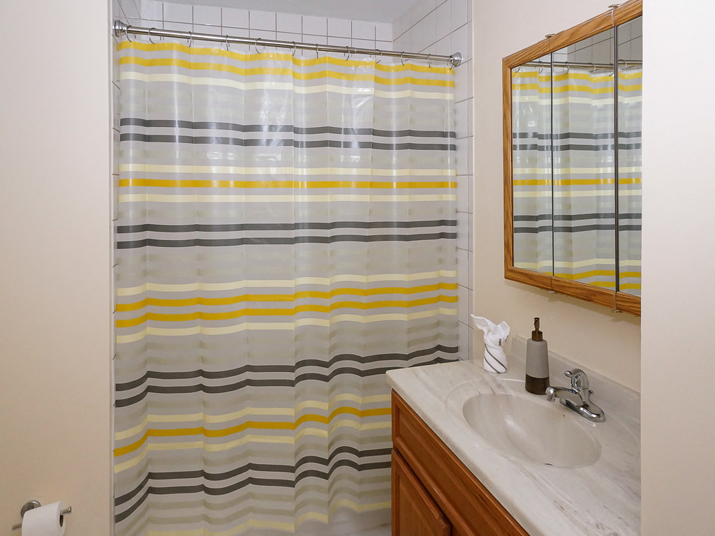a bathroom with a shower curtain and a sink