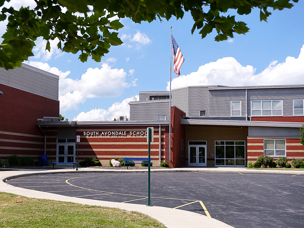 a building with an flag in front of it