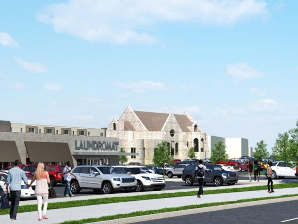 a rendering of a building with cars parked in front of it