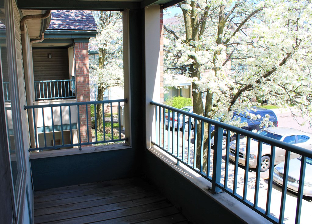 a porch with a view of a flowering tree and a car parked on the street