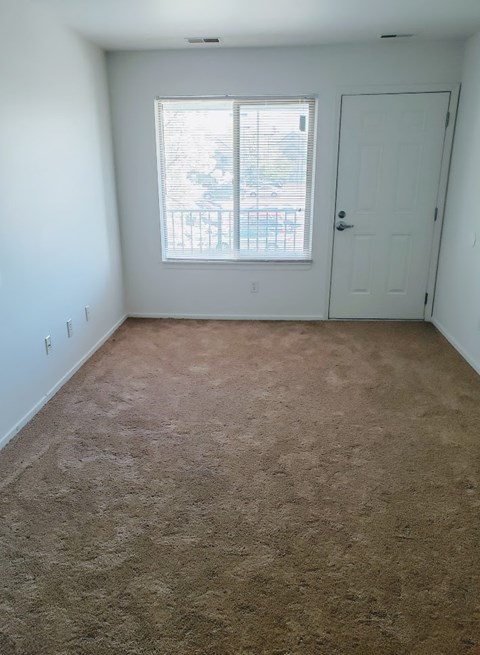 a carpeted room with a window and a door