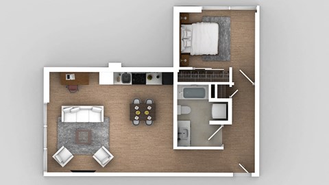 a 3d rendering of a floor plan with a bedroom and a living room