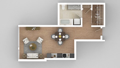 a 3d rendering of a living room with a game controller