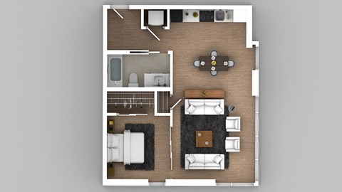 a 3d floor plan of a room with furniture and a game controller