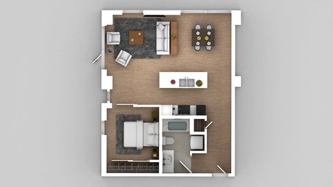 a 3d rendering of a floor plan with a bedroom and living room