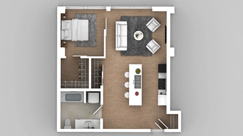 a 3d floor plan of a bedroom with a living room and a bathroom