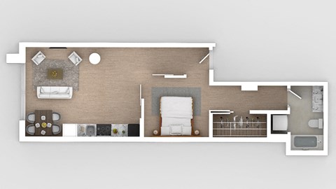 a top view of a floor plan with a bedroom and a bathroom